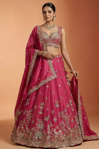 Pink Tissue Sequience Thread Embroidered Semi-Stitched Lehenga