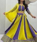 Lemon Yellow & Lavender Pure Cotton Chaniya Choli for Navratri with Real Hand Work & Dupatta