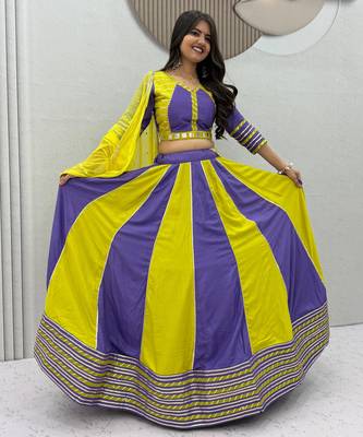 Lemon Yellow & Lavender Pure Cotton Chaniya Choli for Navratri with Real Hand Work & Dupatta 2