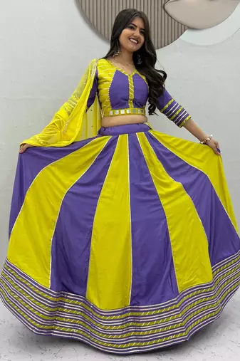 Lemon Yellow & Lavender Pure Cotton Chaniya Choli for Navratri with Real Hand Work & Dupatta