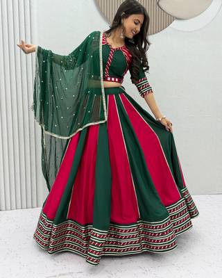 Green & Rani Pink Pure Cotton Chaniya Choli for Navratri with Real Hand Work & Dupatta 1