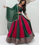 Green & Rani Pink Pure Cotton Chaniya Choli for Navratri with Real Hand Work & Dupatta