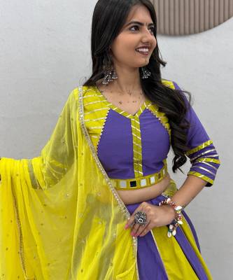 Lemon Yellow & Lavender Pure Cotton Chaniya Choli for Navratri with Real Hand Work & Dupatta 4