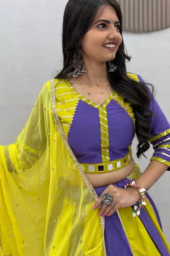 Lemon Yellow & Lavender Pure Cotton Chaniya Choli for Navratri with Real Hand Work & Dupatta