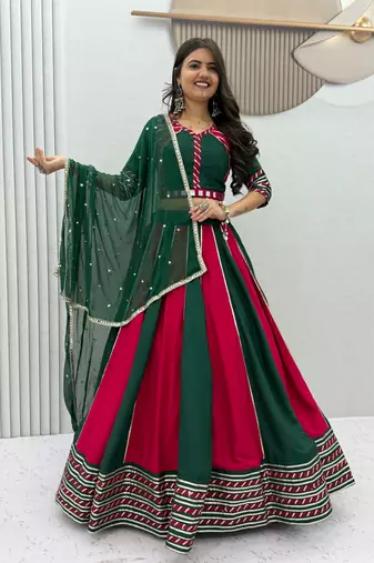 Green & Rani Pink Pure Cotton Chaniya Choli for Navratri with Real Hand Work & Dupatta