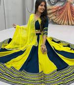 Lemon Yellow & NEVY BLUE Pure Cotton Chaniya Choli for Navratri with Real Hand Work & Dupatta