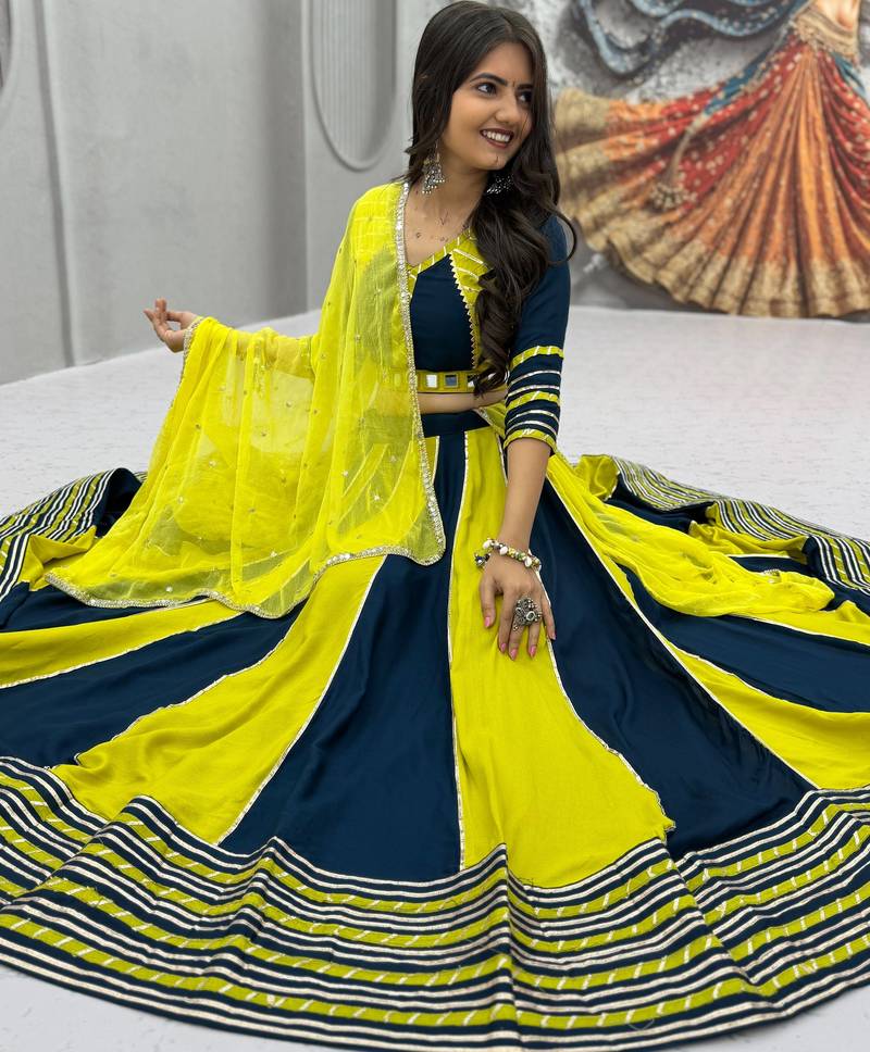 Lemon Yellow & NEVY BLUE Pure Cotton Chaniya Choli for Navratri with Real Hand Work & Dupatta
