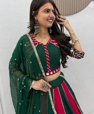 Green & Rani Pink Pure Cotton Chaniya Choli for Navratri with Real Hand Work & Dupatta 3