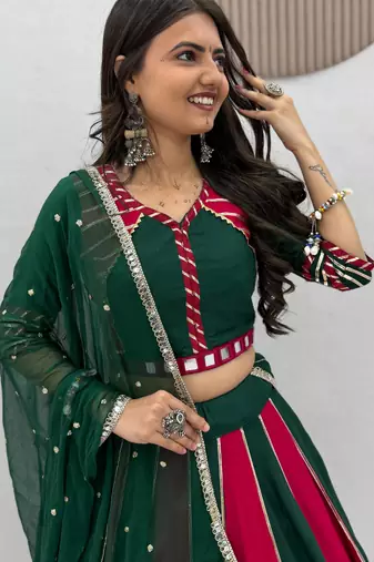 Green & Rani Pink Pure Cotton Chaniya Choli for Navratri with Real Hand Work & Dupatta