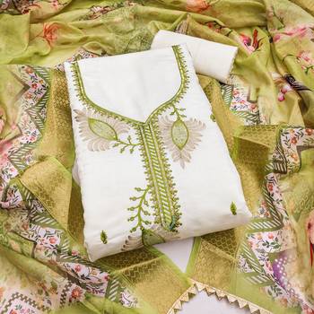 white embroidered roman silk unstitched dress material  1