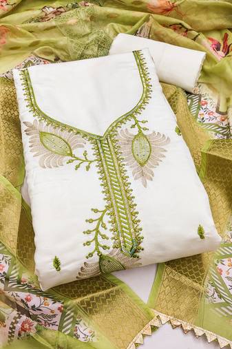 white embroidered roman silk unstitched dress material 