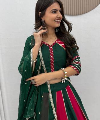 Green & Rani Pink Pure Cotton Chaniya Choli for Navratri with Real Hand Work & Dupatta 4