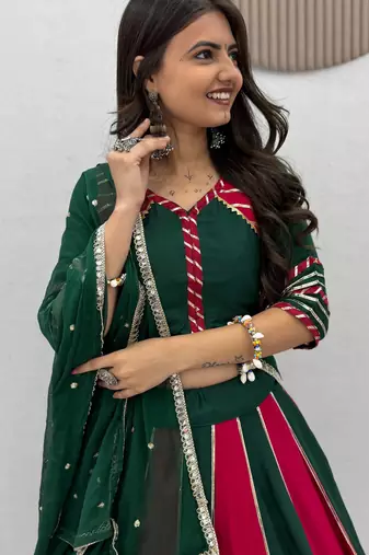 Green & Rani Pink Pure Cotton Chaniya Choli for Navratri with Real Hand Work & Dupatta