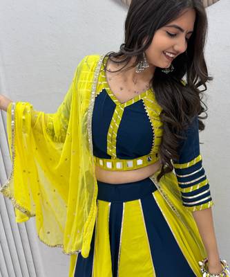Lemon Yellow & NEVY BLUE Pure Cotton Chaniya Choli for Navratri with Real Hand Work & Dupatta 3