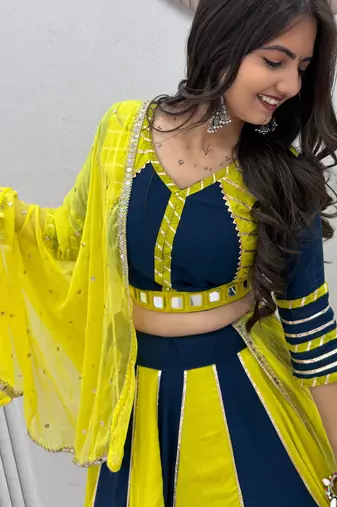 Lemon Yellow & NEVY BLUE Pure Cotton Chaniya Choli for Navratri with Real Hand Work & Dupatta