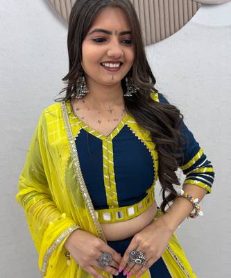 Lemon Yellow & NEVY BLUE Pure Cotton Chaniya Choli for Navratri with Real Hand Work & Dupatta 4