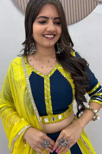 Lemon Yellow & NEVY BLUE Pure Cotton Chaniya Choli for Navratri with Real Hand Work & Dupatta
