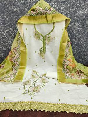 white embroidered roman silk unstitched dress material  2