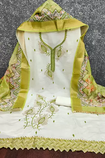 white embroidered roman silk unstitched dress material 