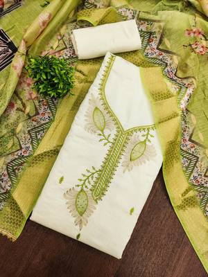 white embroidered roman silk unstitched dress material  3