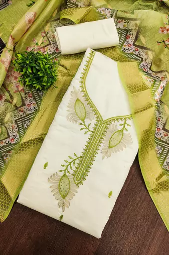 white embroidered roman silk unstitched dress material 