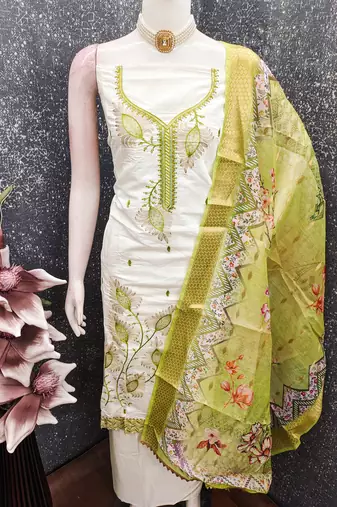 white embroidered roman silk unstitched dress material 