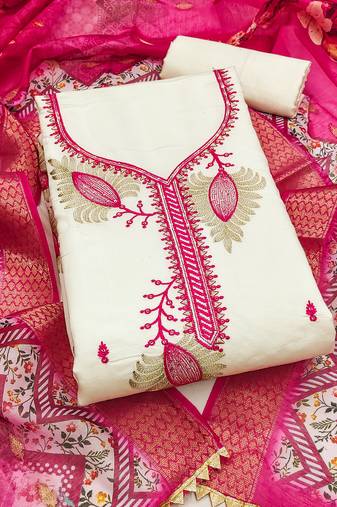 white embroidered roman silk unstitched dress material 