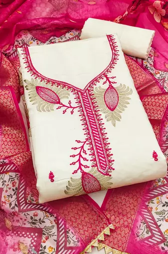 white embroidered roman silk unstitched dress material 