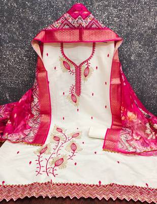 white embroidered roman silk unstitched dress material  2