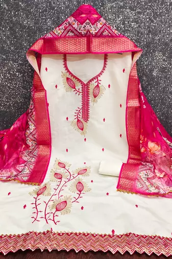 white embroidered roman silk unstitched dress material 