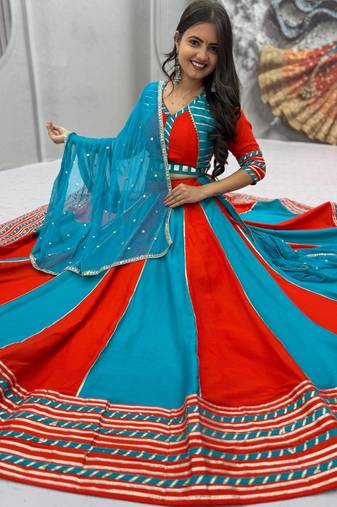 Red & Turquoise Blue Pure Cotton Chaniya Choli for Navratri with Real Hand Work & Dupatta