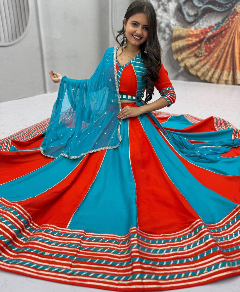 Red & Turquoise Blue Pure Cotton Chaniya Choli for Navratri with Real Hand Work & Dupatta