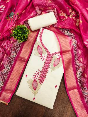white embroidered roman silk unstitched dress material  3