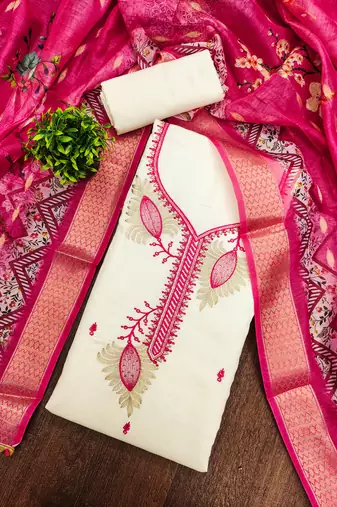 white embroidered roman silk unstitched dress material 