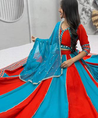 Red & Turquoise Blue Pure Cotton Chaniya Choli for Navratri with Real Hand Work & Dupatta 2