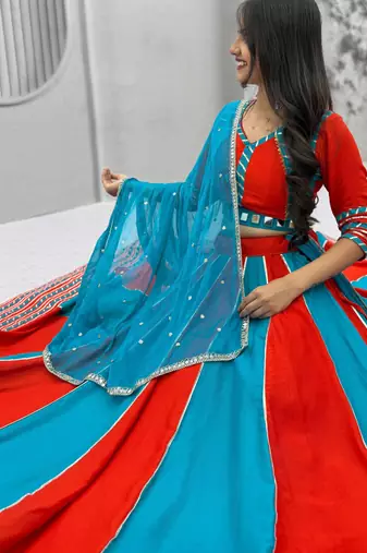 Red & Turquoise Blue Pure Cotton Chaniya Choli for Navratri with Real Hand Work & Dupatta