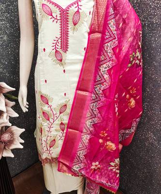 white embroidered roman silk unstitched dress material  4