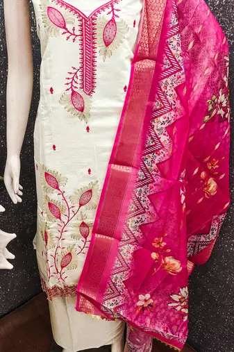 white embroidered roman silk unstitched dress material 