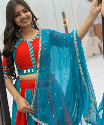 Red & Turquoise Blue Pure Cotton Chaniya Choli for Navratri with Real Hand Work & Dupatta 3