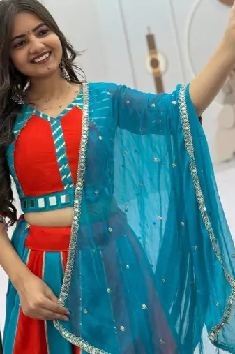 Red & Turquoise Blue Pure Cotton Chaniya Choli for Navratri with Real Hand Work & Dupatta