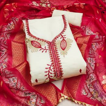 white embroidered roman silk unstitched dress material  1