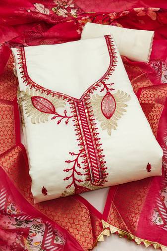 white embroidered roman silk unstitched dress material 