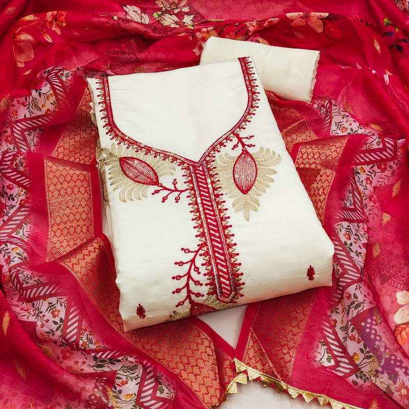 white embroidered roman silk unstitched dress material 