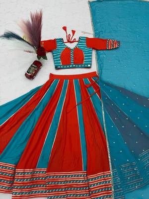 Red & Turquoise Blue Pure Cotton Chaniya Choli for Navratri with Real Hand Work & Dupatta 5