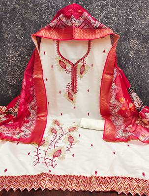 white embroidered roman silk unstitched dress material  2