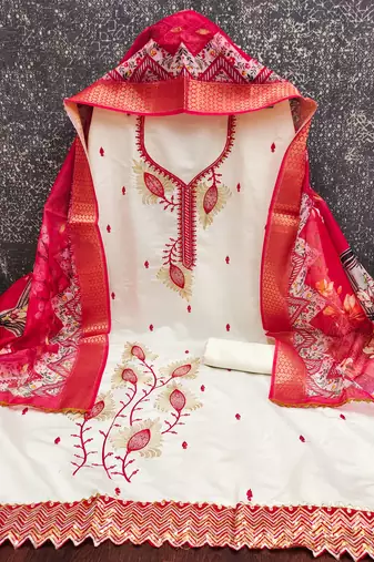 white embroidered roman silk unstitched dress material 