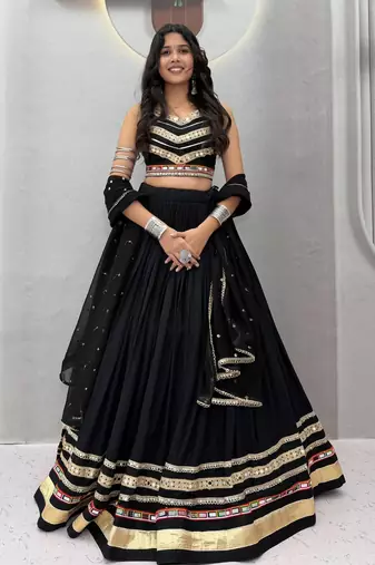 Black Pure Cotton Navratri Lehenga Choli with Heavy Gamthi Work, Mirror Lace & Embroidered Dupatta