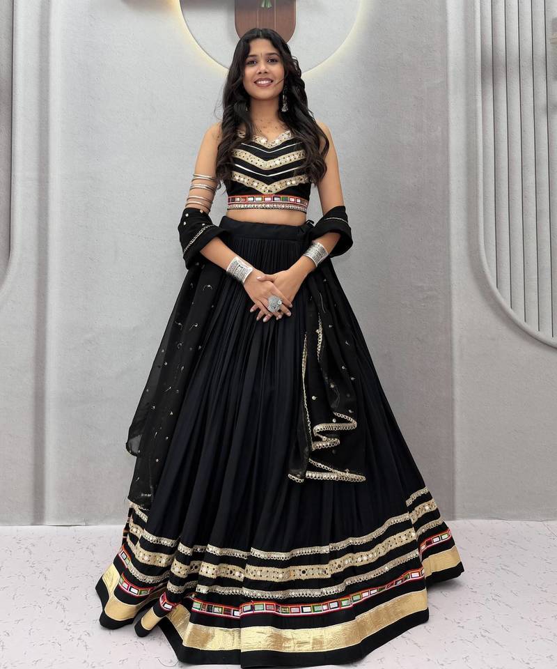 Black Pure Cotton Navratri Lehenga Choli with Heavy Gamthi Work, Mirror Lace & Embroidered Dupatta