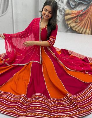 RANI PINK  & ORANGE Pure Cotton Chaniya Choli for Navratri with Real Hand Work & Dupatta 1