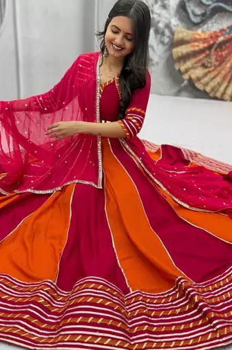 RANI PINK  & ORANGE Pure Cotton Chaniya Choli for Navratri with Real Hand Work & Dupatta